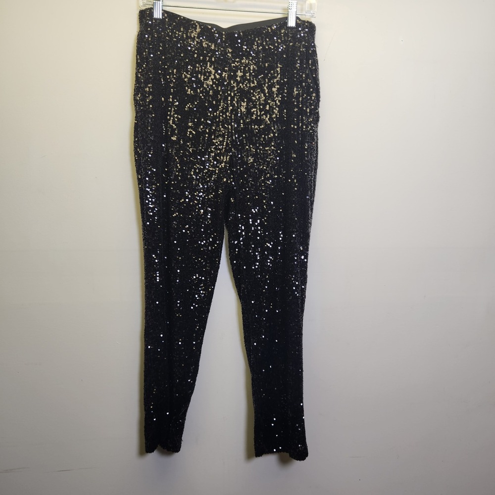 NWT Cable & Guage Sequin Trousers Med Pull On Pockets Black Elastic Waist Lined